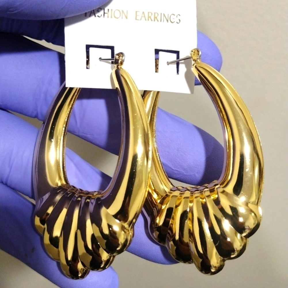 Women's Polished Gold tones, Oval Shape Designed Hoop Drop Earrings, 2.4-in, #2